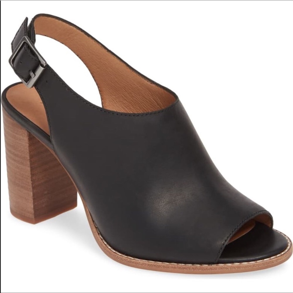 Madewell The Cary Sandal Mule Leather True Black Chunky Wood Open Toe Heels